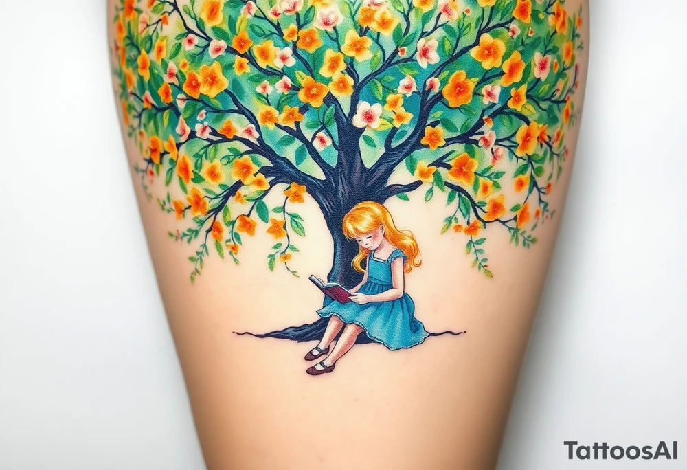 An orange tree full of flowers. Under the tree, a little blond girl wearing a blue dress sitting while reading. 


. tattoo idea