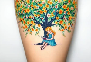 An orange tree full of flowers. Under the tree, a little blond girl wearing a blue dress sitting while reading. 


. tattoo idea