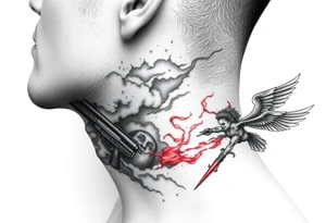 deepfull description of details with clouds,fire guns, money,angels and red for the side of neck tattoo idea