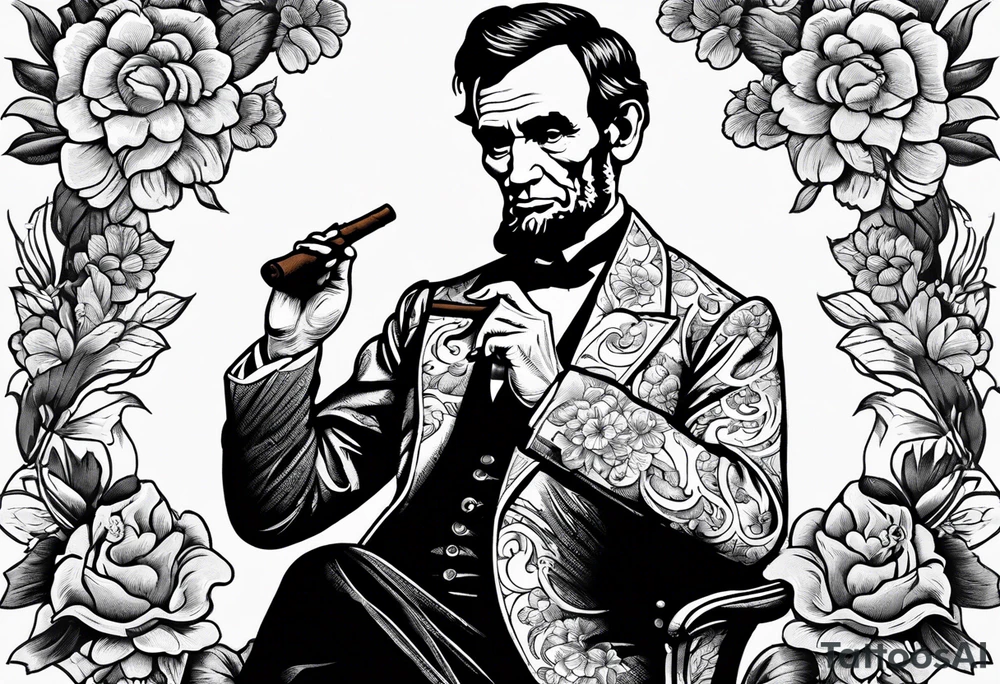 Abraham Lincoln smoking a cigar  in a flowered suit jacket doing karate poses like karate kid tattoo idea