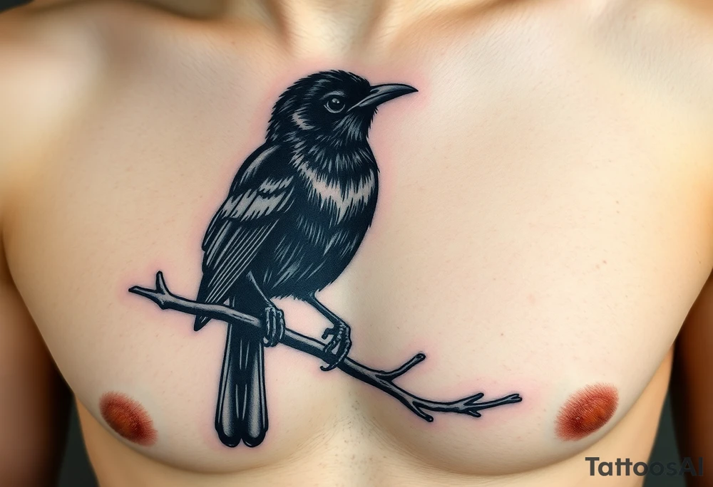 european blackbird male sitting on a branch tattoo idea