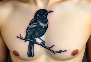 european blackbird male sitting on a branch tattoo idea
