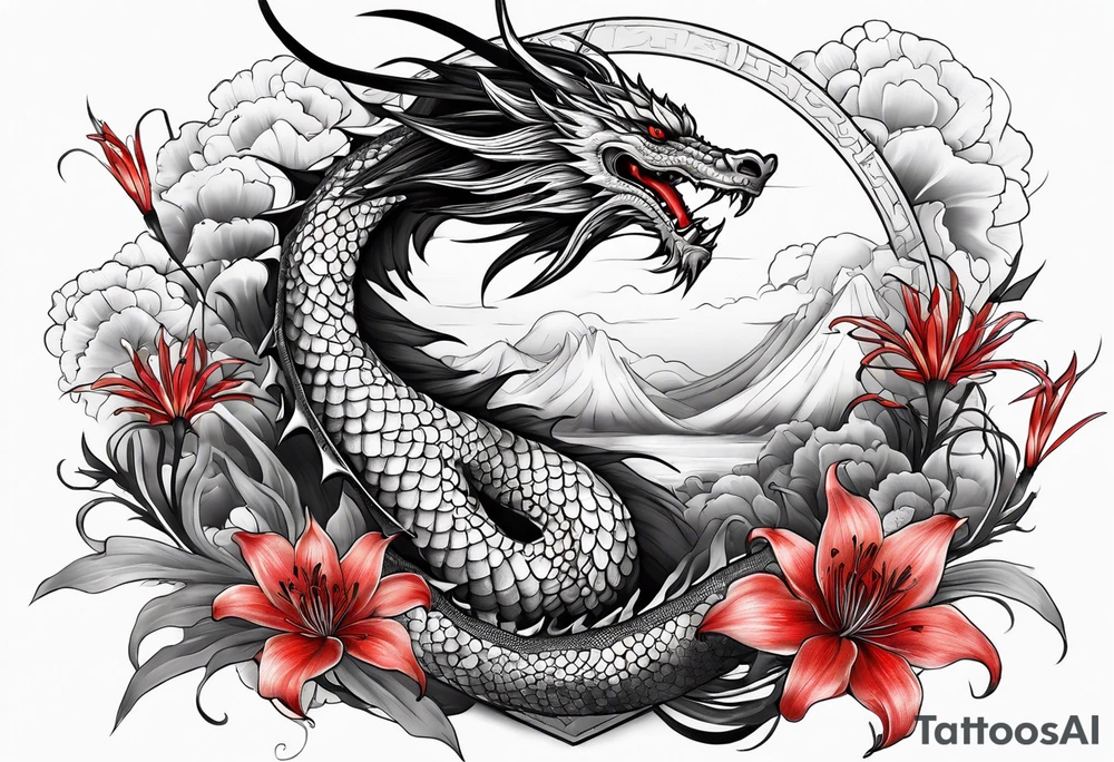 full Dragon with red Spider lilies surrounding it tattoo idea
