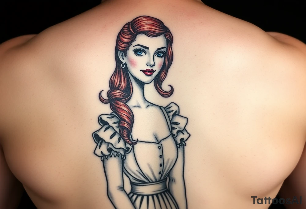 Traditional pin up girl with red hair and blue eyes and wearing a milkmaid maid style dress tattoo idea