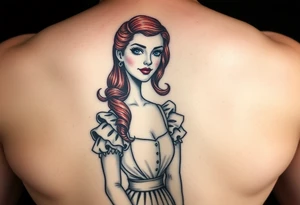 Traditional pin up girl with red hair and blue eyes and wearing a milkmaid maid style dress tattoo idea