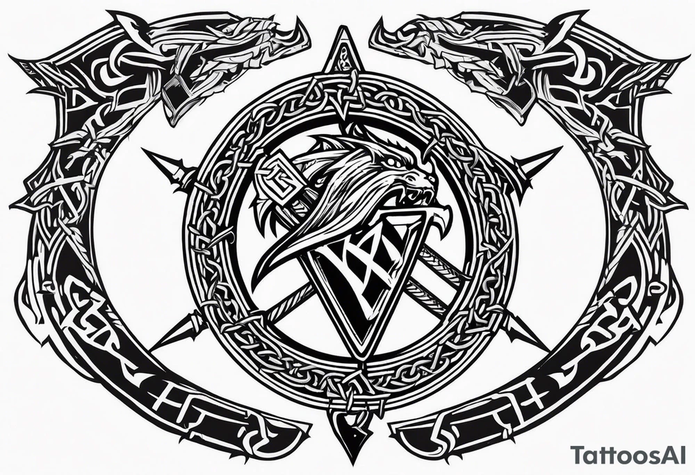 Valhalla sword shield dragon axe Valknut barbed wire chains tribal tattoo idea Valhalla sword shield dragon axe Valknut barbed wire chains tribal tattoo idea