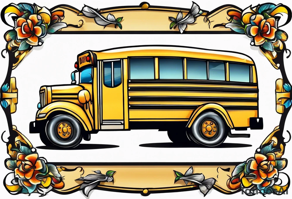 cartoonish school bus with wings tattoo idea