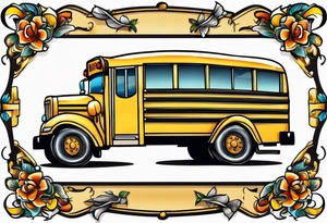 cartoonish school bus with wings tattoo idea