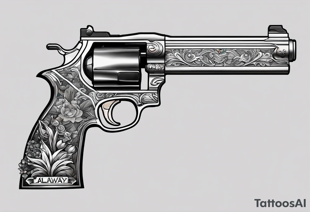 The letters AR with a pistol on each side and the word always on the top and ready on the bottom tattoo idea