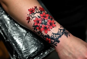 wrap around entire wrist red  and black rhododendron trippy with Himalayas behind tattoo idea