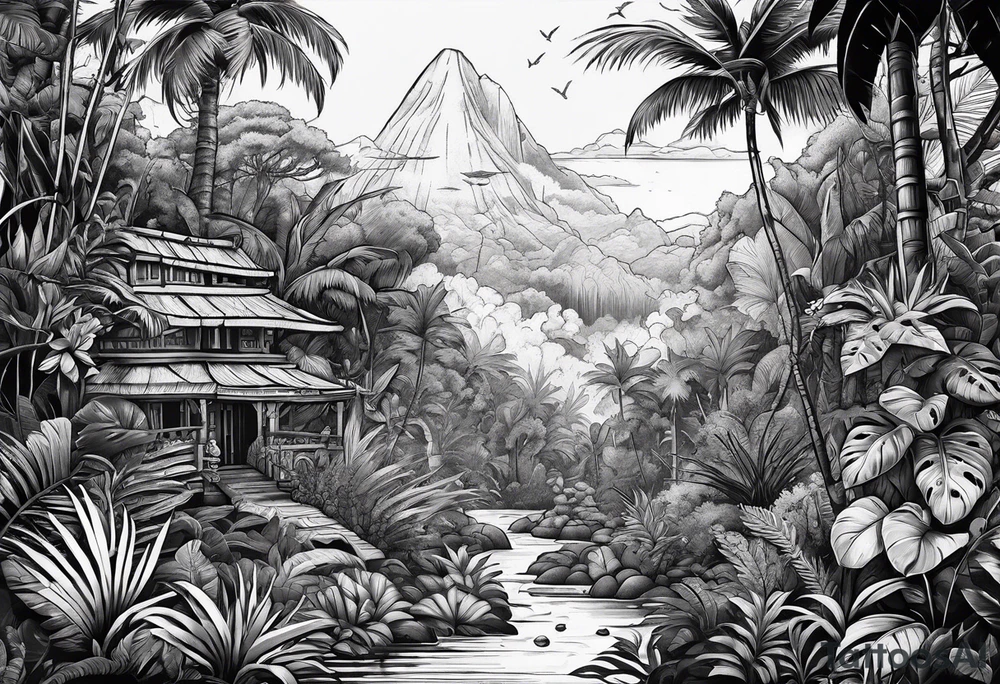 vintage jungle with rocket tattoo idea