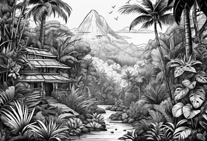 vintage jungle with rocket tattoo idea