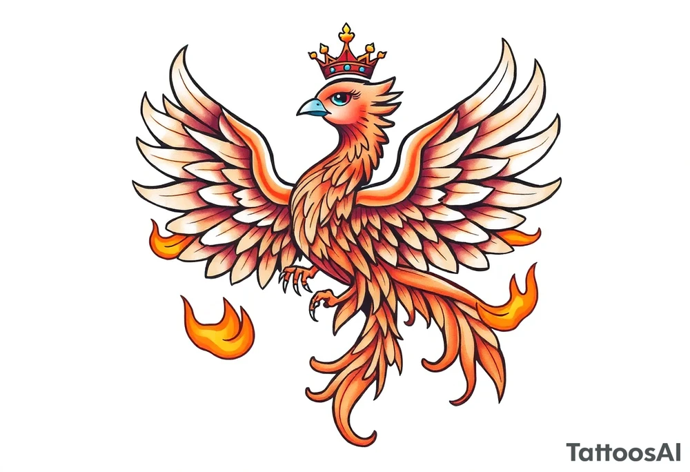 cute powerful majestic Phoenix with crown, surrounded by flames tattoo idea