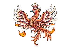 cute powerful majestic Phoenix with crown, surrounded by flames tattoo idea