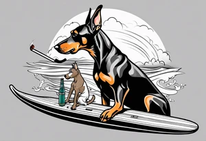 doberman smoking a cigar on a surfboard with a goat with larger horns tattoo idea