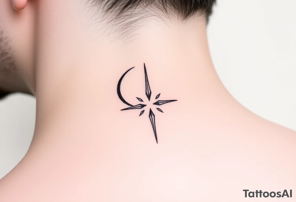 A minimalist crescent moon neck tattoo positioned just behind the ear. The crescent moon is thin and curves to the left. A sharp vertical line extends downward from the inner curve of the moon, intersecting with a symmetrical starburst shape at the center of the line. The starburst has four points — the top and bottom points are elongated, while the horizontal points are shorter, giving it a sleek and modern look. The design features clean, thin lines with a slightly hand-drawn feel, combining celestial and geometric elements. The tattoo follows the natural curve of the neck, giving it an elegant and balanced appearance. tattoo idea