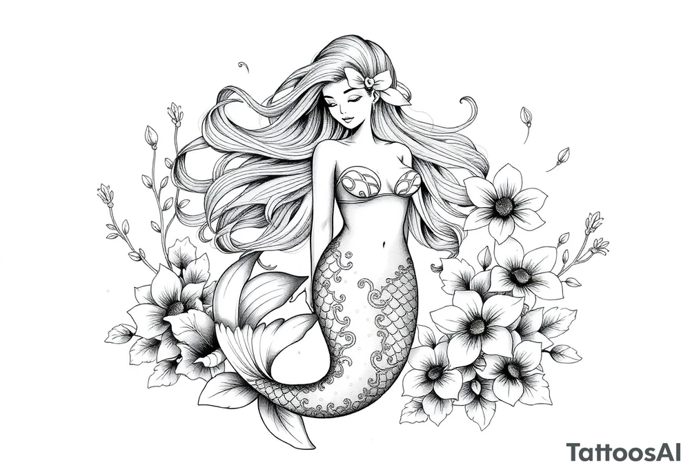ethereal mermaid with flowing hair among coral and sea flowers tattoo idea