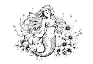 ethereal mermaid with flowing hair among coral and sea flowers tattoo idea