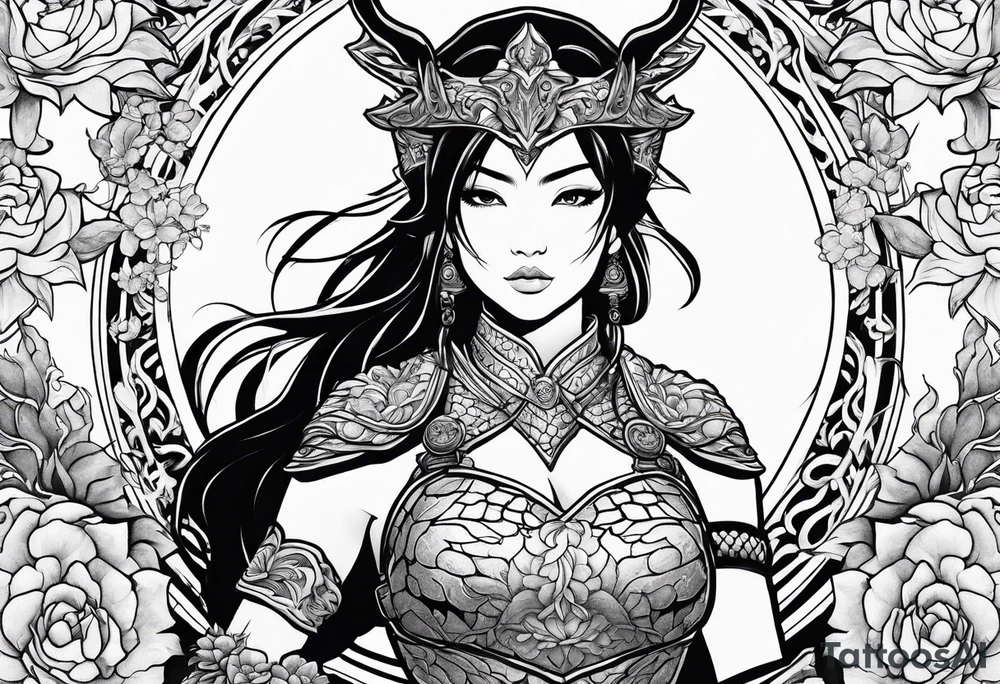 beautiful warrior woman wearing dragon armor and a floral background tattoo idea