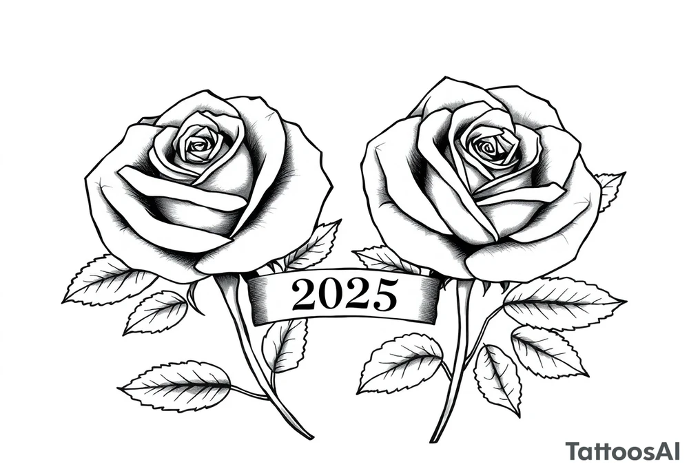 two beautiful large rose buds, one larger than the other, with lots and lots of leaves next to the rose buds, with one sitting slightly higher than the other, side-by-side.  Include a banner connecting the two roses with the year 2025 on it.   Use dark outlines with little shading. Remove all stems from the roses. tattoo idea