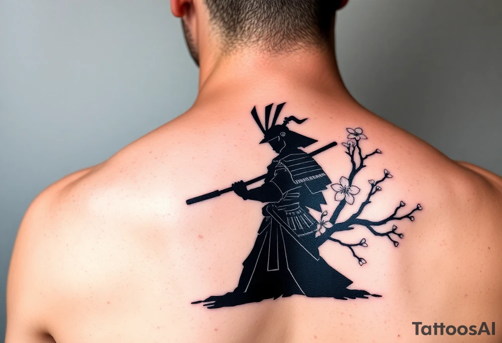 noble samurai warrior silhouette at sunset with cherry blossoms tattoo idea