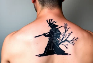 noble samurai warrior silhouette at sunset with cherry blossoms tattoo idea