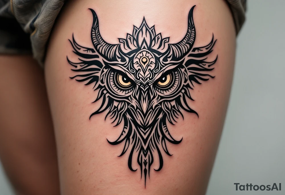 and owl associated with a bull and has Dayak heritage and planetary aspect of Venus tattoo idea