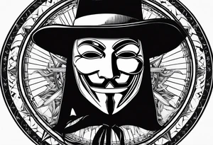 Centered v for vendetta, mask only. No hat.   Vintage compass surround. tattoo idea