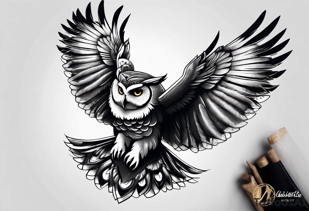 owl flying with libra scale tattoo idea