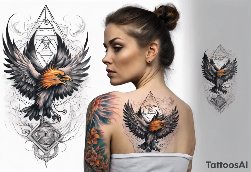 Sleeve tattoo on a woman's arm. Phoenix   with Metatron's cube tattoo idea