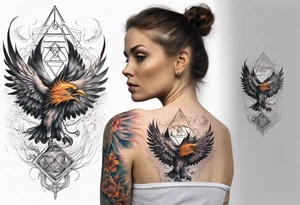 Sleeve tattoo on a woman's arm. Phoenix   with Metatron's cube tattoo idea