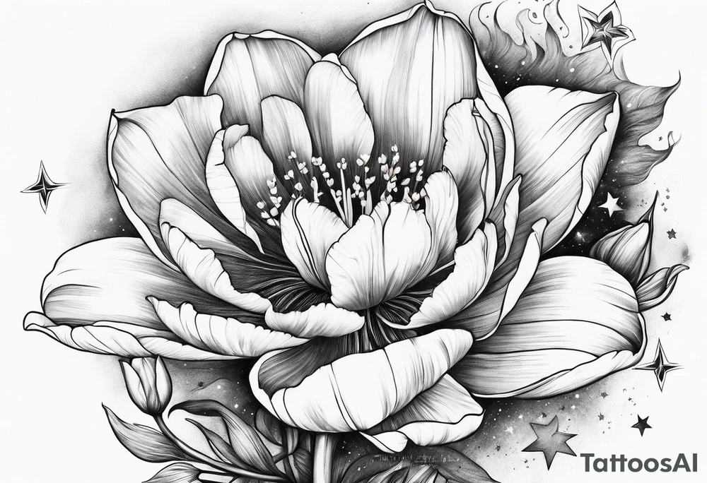 a fairy flying into a tulip with stars in the sky tattoo idea