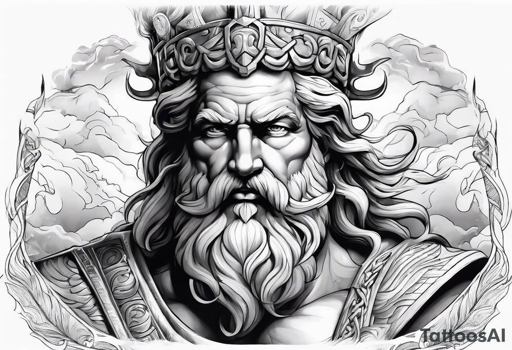 The god Zeus is a thunderer with lightning in the clouds tattoo idea