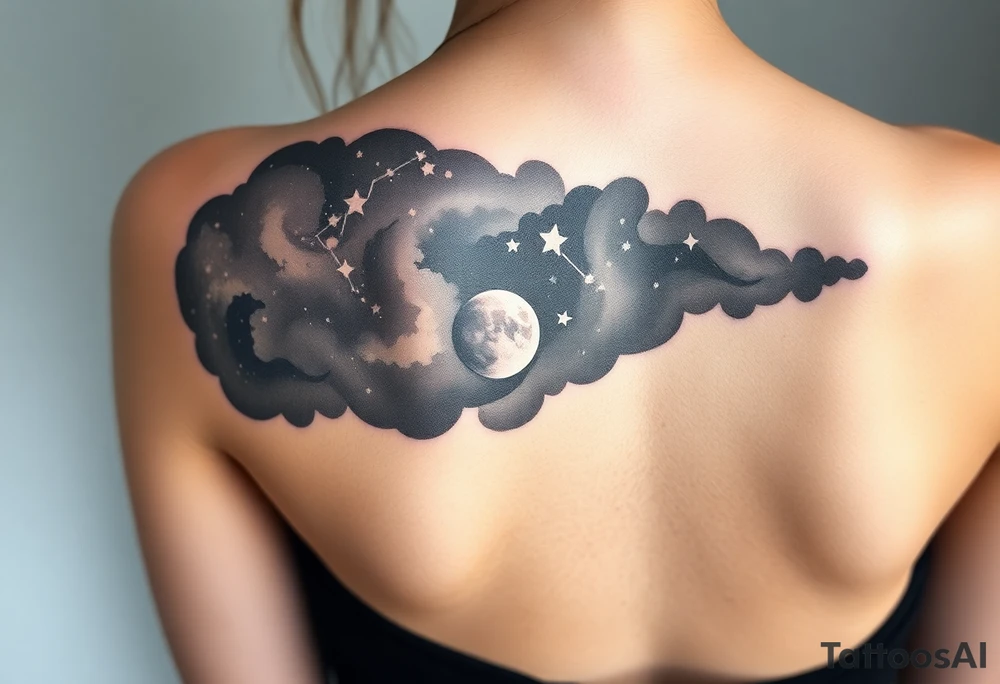 Night sky with constellation, stars & moon with silhouette of natural tattoo idea