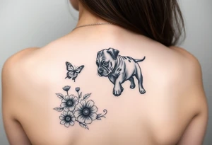 Small tattoo of Great Dane puppy playing in flowers and chasing a butterfly. tattoo idea