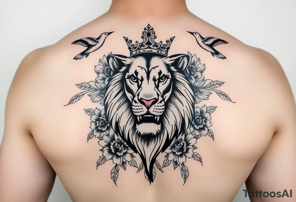 powerful majestic lion with a crown, surrounded by floral ornaments and birds tattoo idea