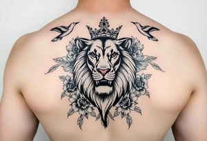 powerful majestic lion with a crown, surrounded by floral ornaments and birds tattoo idea