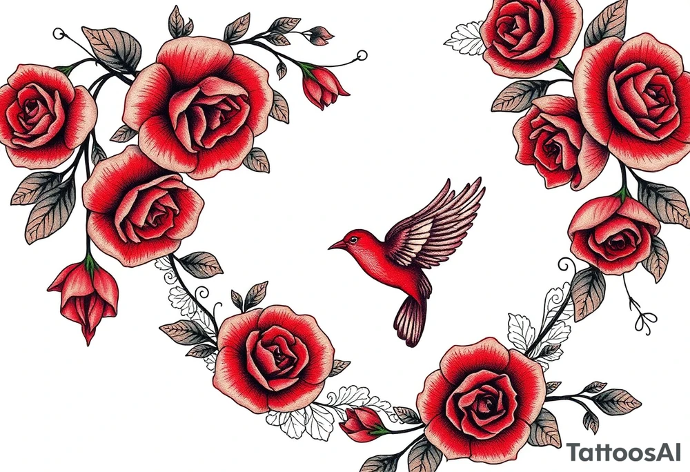 Vintage lace, red roses, red bird, vintage, wrap around, tighter together, no space open tattoo idea