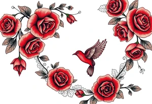 Vintage lace, red roses, red bird, vintage, wrap around, tighter together, no space open tattoo idea