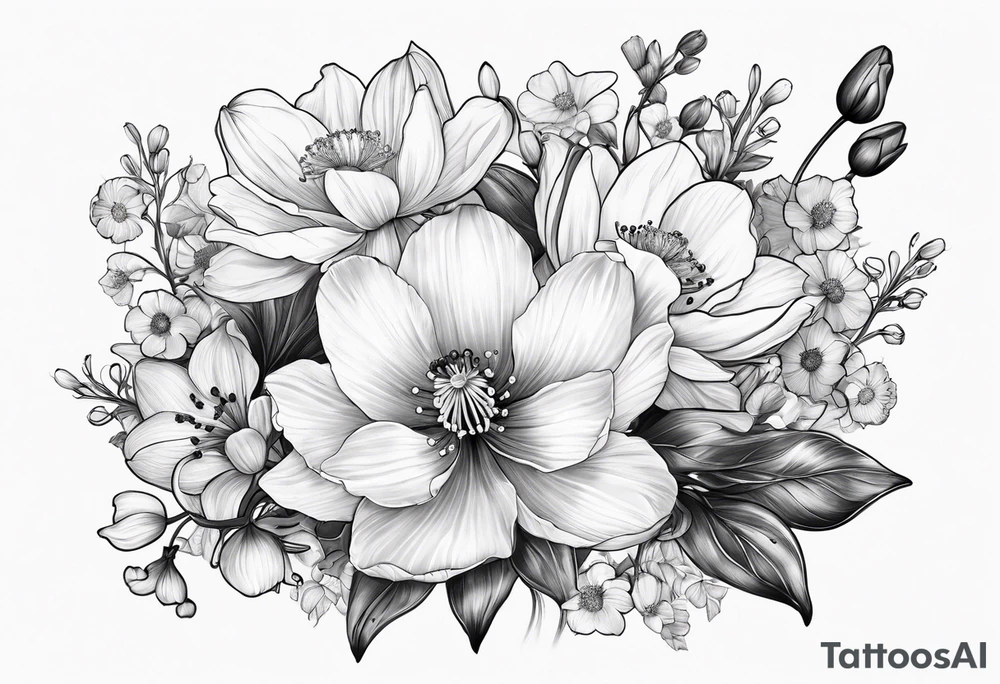 Poppy, water Lilly, Lilly of the valley, daffodil, cosmos bouquet tattoo idea