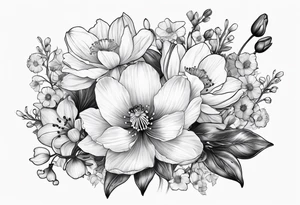 Poppy, water Lilly, Lilly of the valley, daffodil, cosmos bouquet tattoo idea