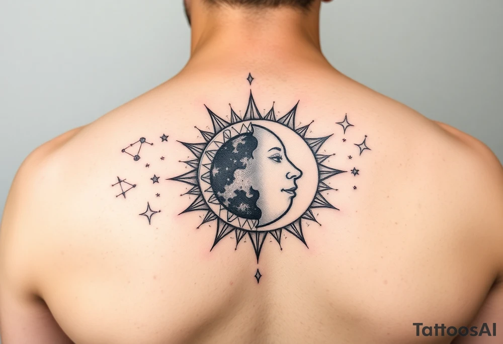 celestial sun and moon embrace with constellation patterns tattoo idea
