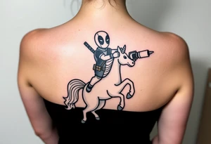 Deadpool riding unicorn pointing rocket propelled grenade launcher tattoo idea
