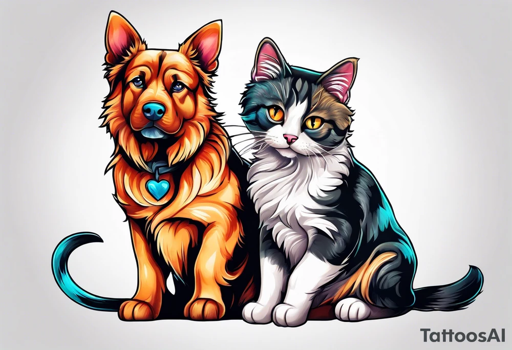 A cat and dog that love each other but are fighting tattoo idea