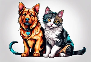 A cat and dog that love each other but are fighting tattoo idea