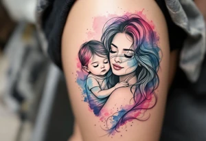 A black line-art portrait of a mom and daughter with flowing hair blending into watercolor shades of blue and pink. tattoo idea