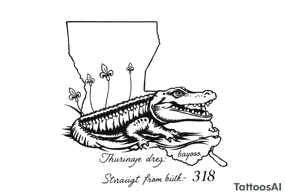 Louisiana state outline with fleur-de-lis, a bayou with a gator , the 318 area code and and quote that says  Out the dirt, out the water, straight from 318 tattoo idea