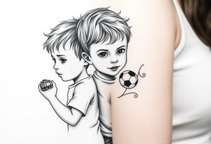 two small boys with their mother behind them a small train toy and a small football toy. tattoo idea