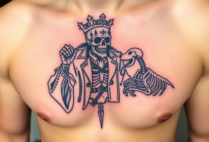 evil skeleton king in clothes having a good time getting drunk with skeleton dog tattoo idea