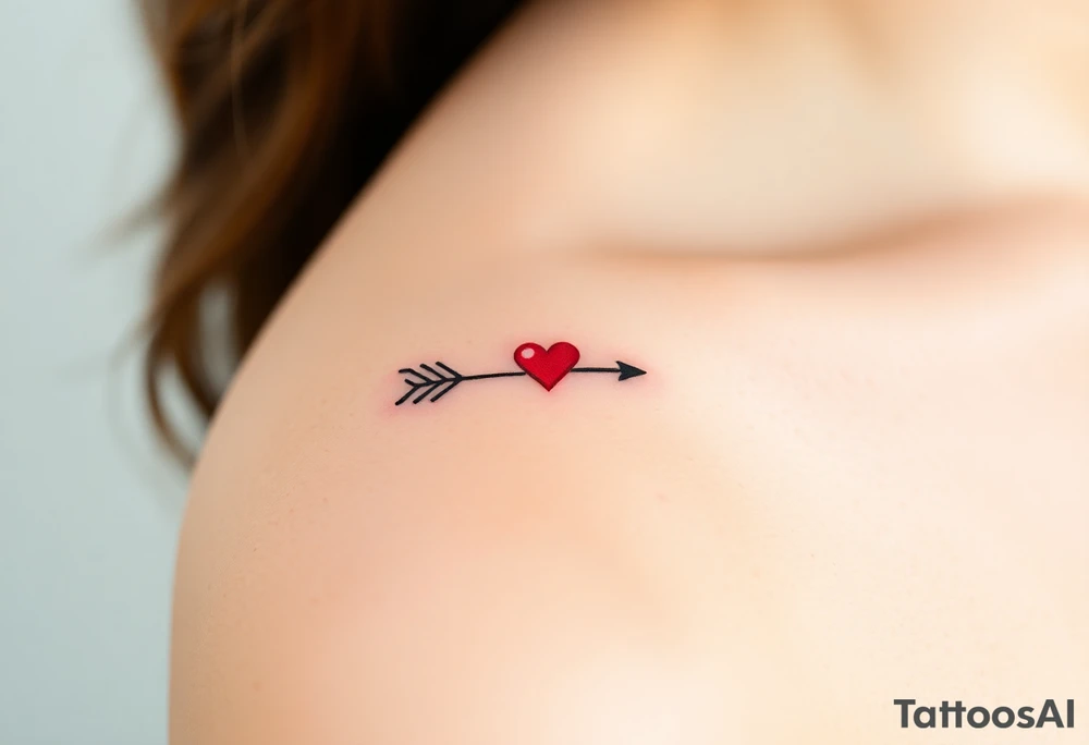 A thin, black arrow with a delicate heart-shaped arrowhead, symbolizing love’s direct path. The fletching is styled with soft curves, giving it an elegant yet simple look. A tiny red heart floats just above the tip, as if the arrow is guiding love to its destined place. The design is sleek, modern, and perfect for a subtle romantic statement. tattoo idea